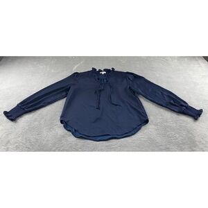 Alex & Lili Navy Blue Smocked Ruffle Neck Tie Front Blouse Womens S. Long Sleeve